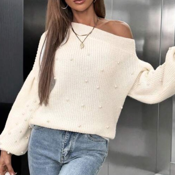 Cozy One Shoulder Faux Pearl Puff Sleeve Sweater top - Picture 2 of 4